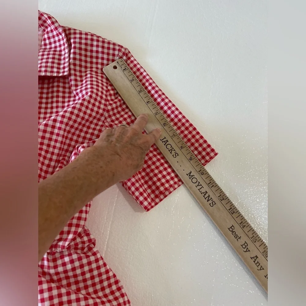 California Looks vintage gingham dress red/white belt +shoulder pads Size 8P 7-4 - Picture 8 of 11